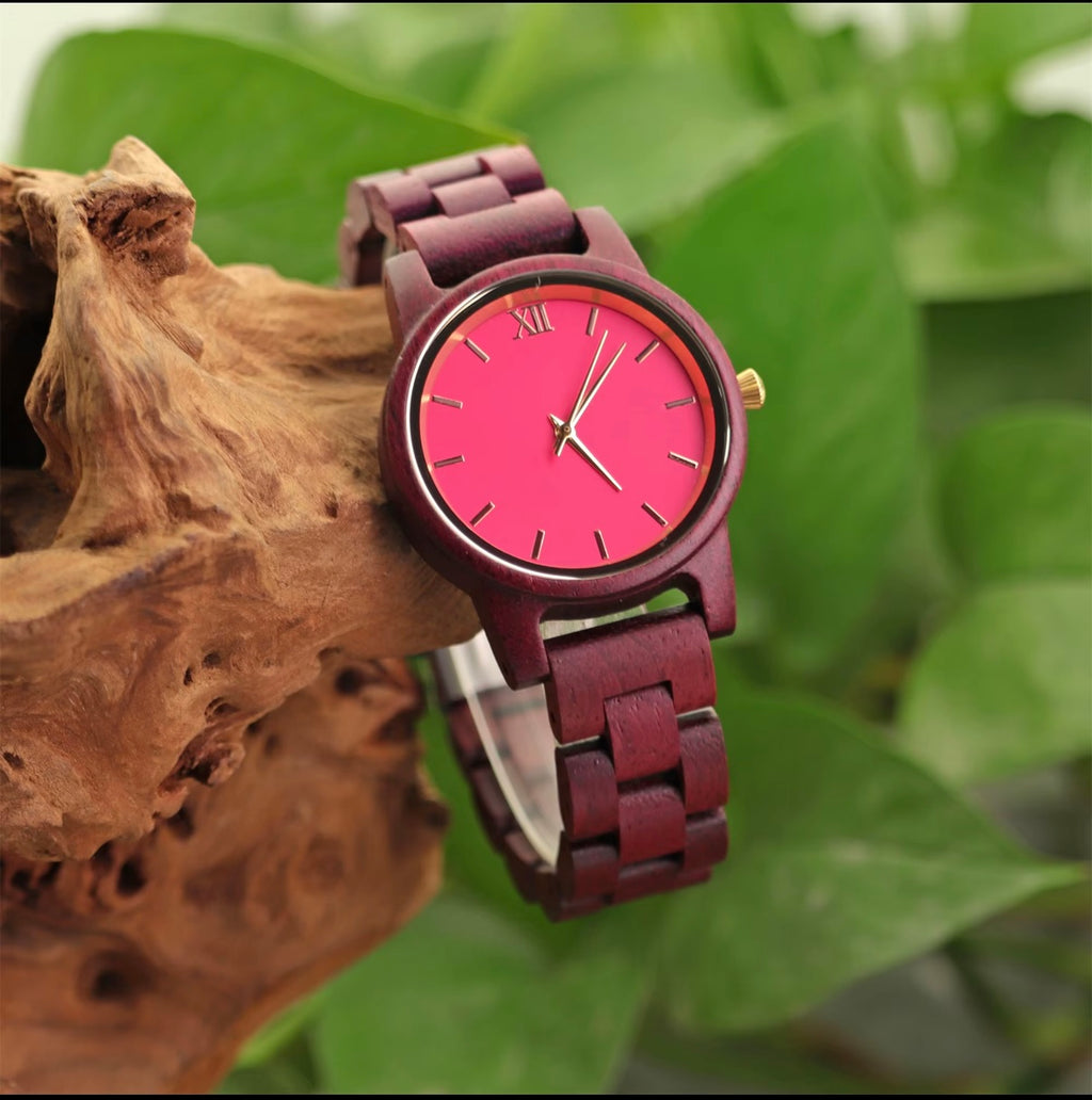 Montre Élégance Bordeaux & Rose Fuchsia – Style Naturel et Prestige